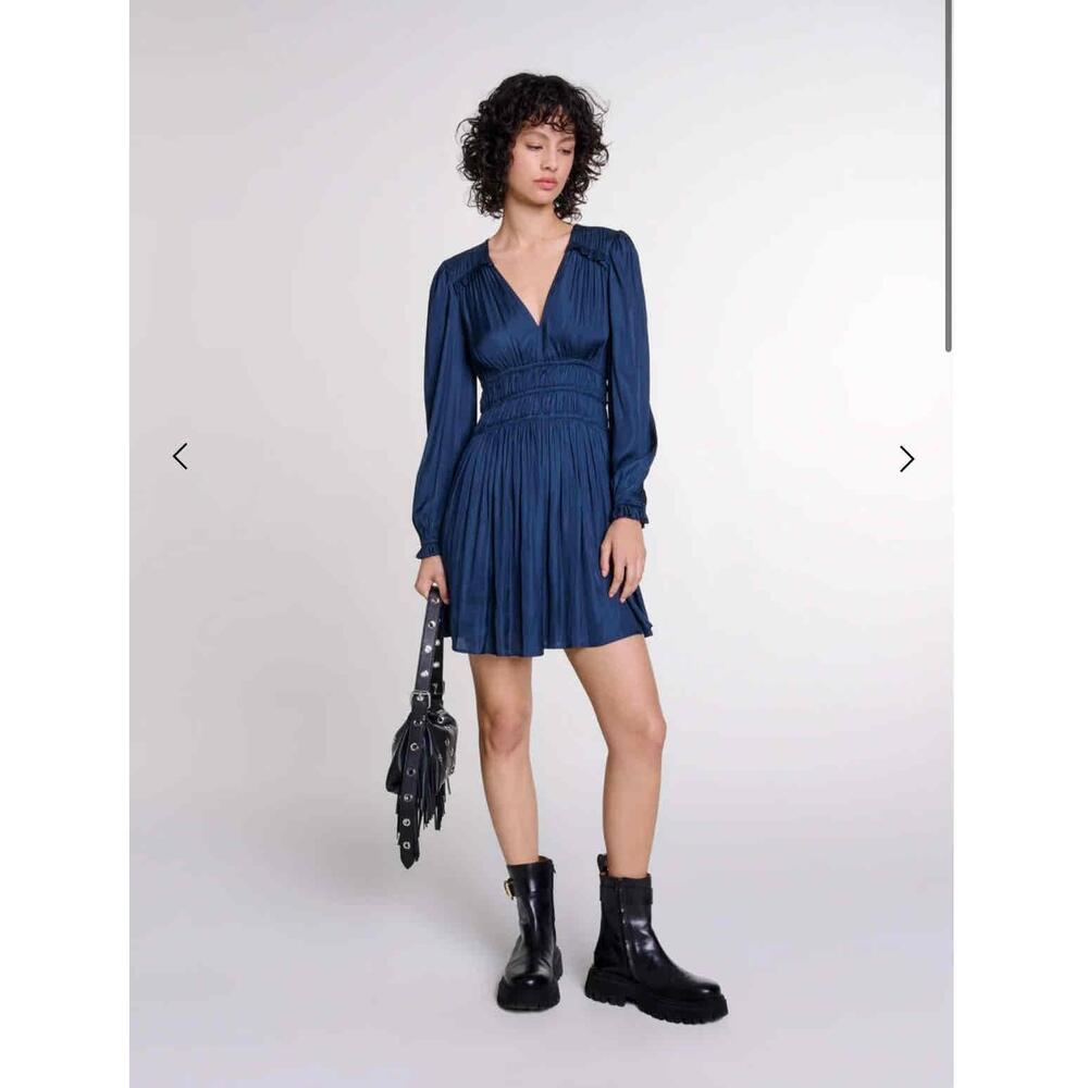 Maje Rianne Navy Satin Mini Dress Ruffled V Neck Long Sleeve Size 36 US 4 - Picture 1 of 9